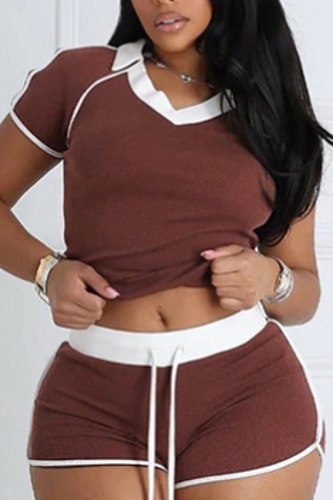 New Contrast Color Slim Fit Short Sleeve Top High Waist Shorts Two Piece Suit For Women