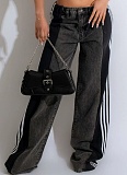 Fashionable Elastic Stitching Striped Wide-Leg Denim Trousers For Women