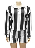 New Fashion Striped Lapel Top High Waist Shorts Two-Piece Suit For Women