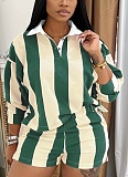 New Fashion Striped Lapel Top High Waist Shorts Two-Piece Suit For Women