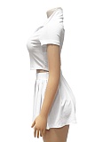 Summer Ribbed Knitted Zipper Lapel Top Pleated Short Skirt Two-Piece Suit For Women