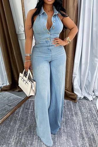 Blue Sexy Backless Wide Leg Denim Jumpsuit Wholesale