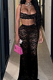 Sexy Hollow Camisole Top Solid Color High Waist Lace Skirt Two Piece Set