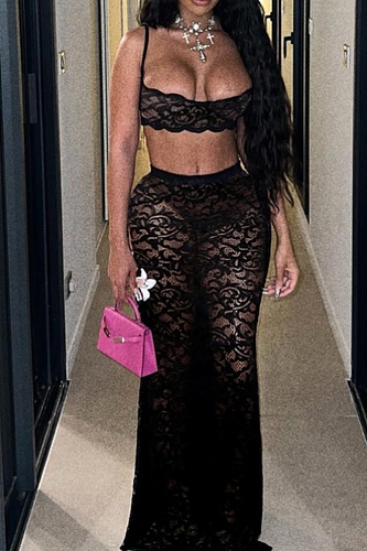 Sexy Hollow Camisole Top Solid Color High Waist Lace Skirt Two Piece Set