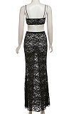 Sexy Hollow Camisole Top Solid Color High Waist Lace Skirt Two Piece Set