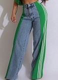 Fashionable Elastic Stitching Striped Wide-Leg Denim Trousers For Women