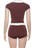 New Contrast Color Slim Fit Short Sleeve Top High Waist Shorts Two Piece Suit For Women