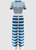 Striped Round Neck Short Top High Waist Wide Leg Trousers Two Piece Suit Women