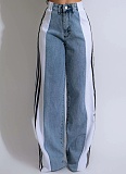 Fashionable Elastic Stitching Striped Wide-Leg Denim Trousers For Women