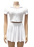 Summer Ribbed Knitted Zipper Lapel Top Pleated Short Skirt Two-Piece Suit For Women