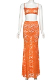 Sexy Hollow Camisole Top Solid Color High Waist Lace Skirt Two Piece Set