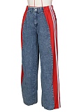 Fashionable Elastic Stitching Striped Wide-Leg Denim Trousers For Women