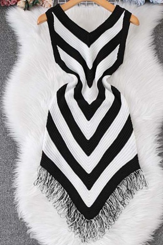 Summer Sleeveless Slim Fit Striped Tassel Hip-Wrapped Knitted Dress For Women