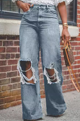 New Distressed Washed High Waist Wide Leg Jeans For Women