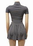 Summer Ribbed Knitted Zipper Lapel Top Pleated Short Skirt Two-Piece Suit For Women