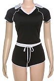 New Contrast Color Slim Fit Short Sleeve Top High Waist Shorts Two Piece Suit For Women