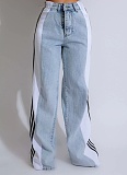 Fashionable Elastic Stitching Striped Wide-Leg Denim Trousers For Women