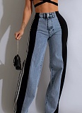 Fashionable Elastic Stitching Striped Wide-Leg Denim Trousers For Women