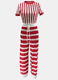 Striped Round Neck Short Top High Waist Wide Leg Trousers Two Piece Suit Women