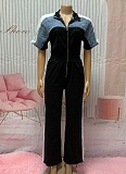 Women'S Contrast Color Stand Collar Zipper Denim Patchwork Jumpsuit