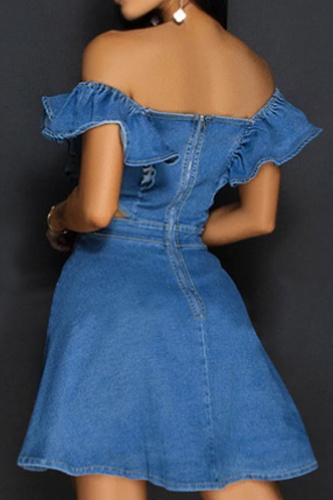 Sexy Solid Color Hollow Zipper Square Neck Denim Dress For Women