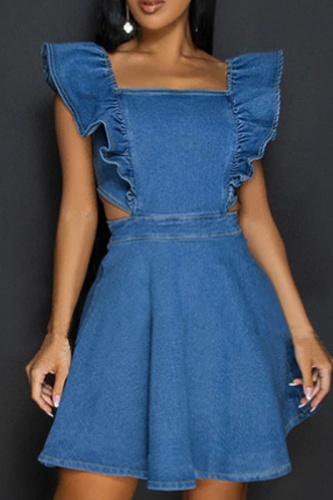 Sexy Solid Color Hollow Zipper Square Neck Denim Dress For Women