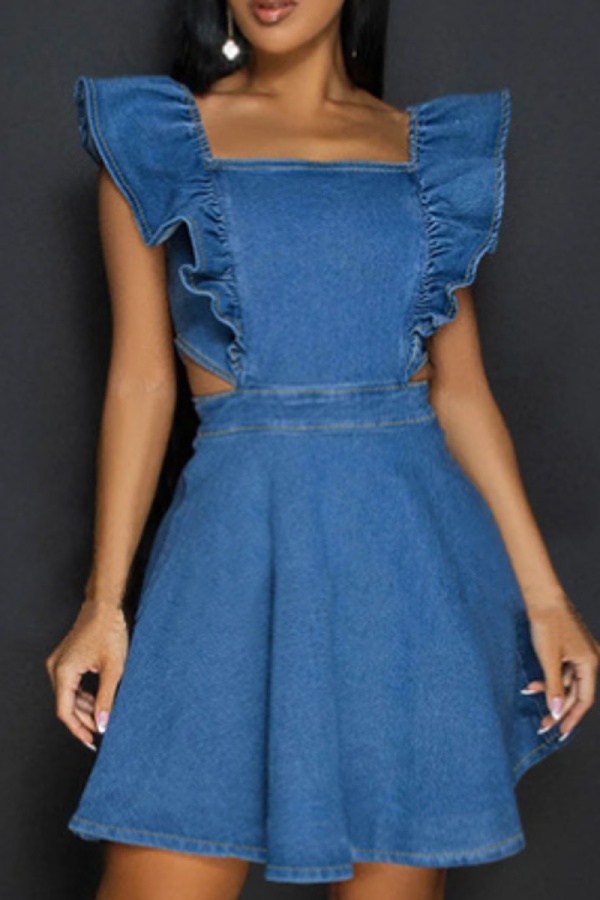 Sexy Solid Color Hollow Zipper Square Neck Denim Dress For Women