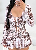 Summer New Sexy Printed Lotus Leaf Collar Tie Mesh Dress