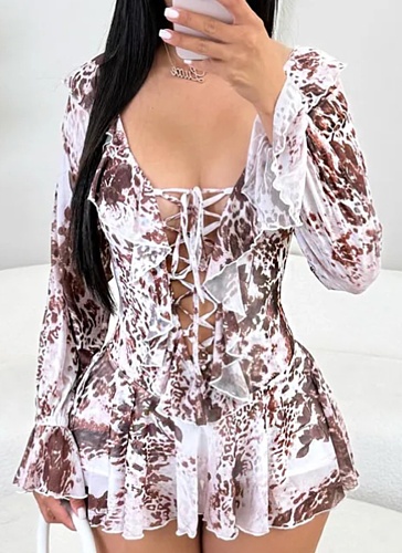 Summer New Sexy Printed Lotus Leaf Collar Tie Mesh Dress