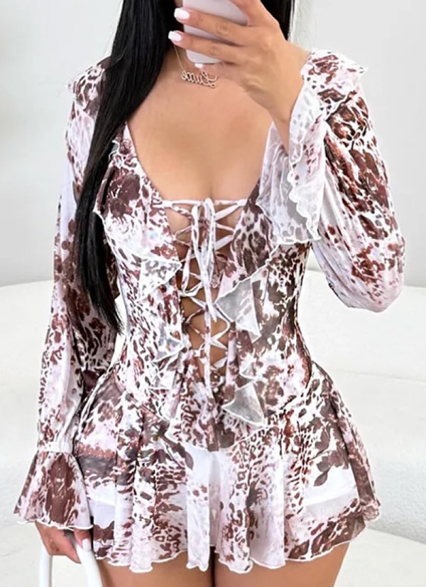 Summer New Sexy Printed Lotus Leaf Collar Tie Mesh Dress