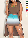 Fashion Sleeveless Vest Gradient Shorts Cardigan Long Coat Three-Piece Suit