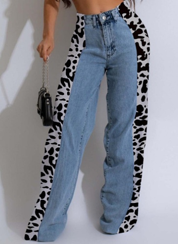 Fashionable Leopard Print Straight Washed Denim Pants