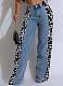 Fashionable Leopard Print Straight Washed Denim Pants