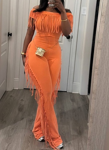 Summer New Style One-Line Collar Short Sleeve Tassel Jumpsuit