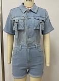 Light Blue Tube Top Cardigan Button Denim Jumpsuit