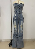 Fashionable Casual Tube-Top Ripped Wide-Leg Denim Jumpsuit