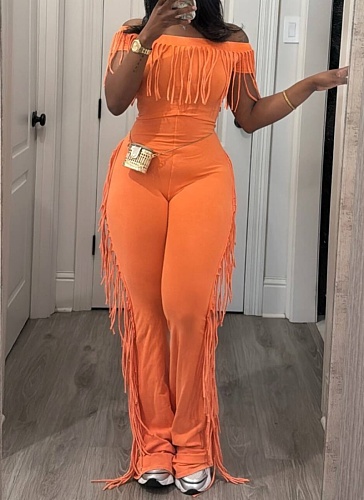 Summer New Style One-Line Collar Short Sleeve Tassel Jumpsuit