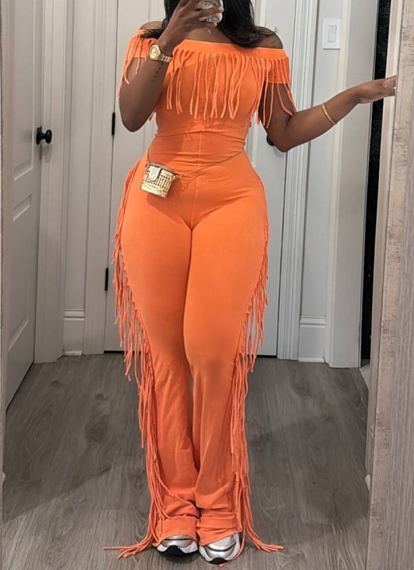Summer New Style One-Line Collar Short Sleeve Tassel Jumpsuit