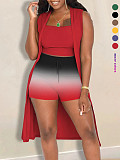 Fashion Sleeveless Vest Gradient Shorts Cardigan Long Coat Three-Piece Suit