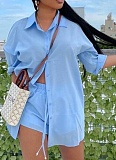 New Solid Color Single-Breasted Long-Sleeved Shirt Drawstring Shorts Two-Piece Set