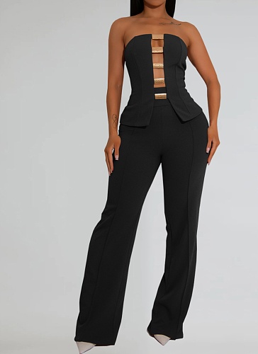 Fashion Women'S Sexy Tube Top Gold Button Vest Wide Leg Trousers Two Piece Suit