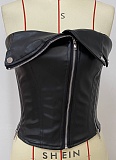 PU Leather Stitching Zipper Lapel Punk Style Sexy Tube Top Slim Fit Top