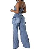 Fashionable Casual Tube-Top Ripped Wide-Leg Denim Jumpsuit