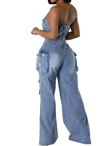 Fashionable Casual Tube-Top Ripped Wide-Leg Denim Jumpsuit