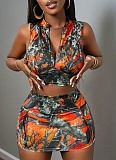 New Style Branch Print Fashionable Vest Skirt Two Piece Set