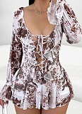 Summer New Sexy Printed Lotus Leaf Collar Tie Mesh Dress