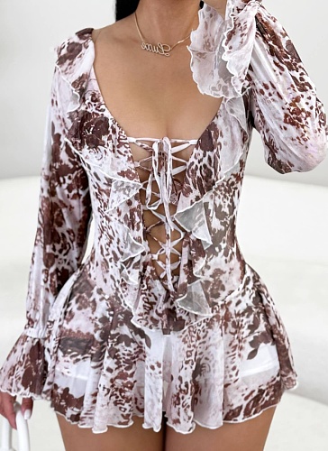Summer New Sexy Printed Lotus Leaf Collar Tie Mesh Dress