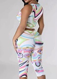 Fashionable Sexy Colorful Printed Vest Cropped Pants Two-Piece Set