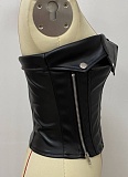 PU Leather Stitching Zipper Lapel Punk Style Sexy Tube Top Slim Fit Top