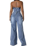 Fashionable Casual Tube-Top Ripped Wide-Leg Denim Jumpsuit